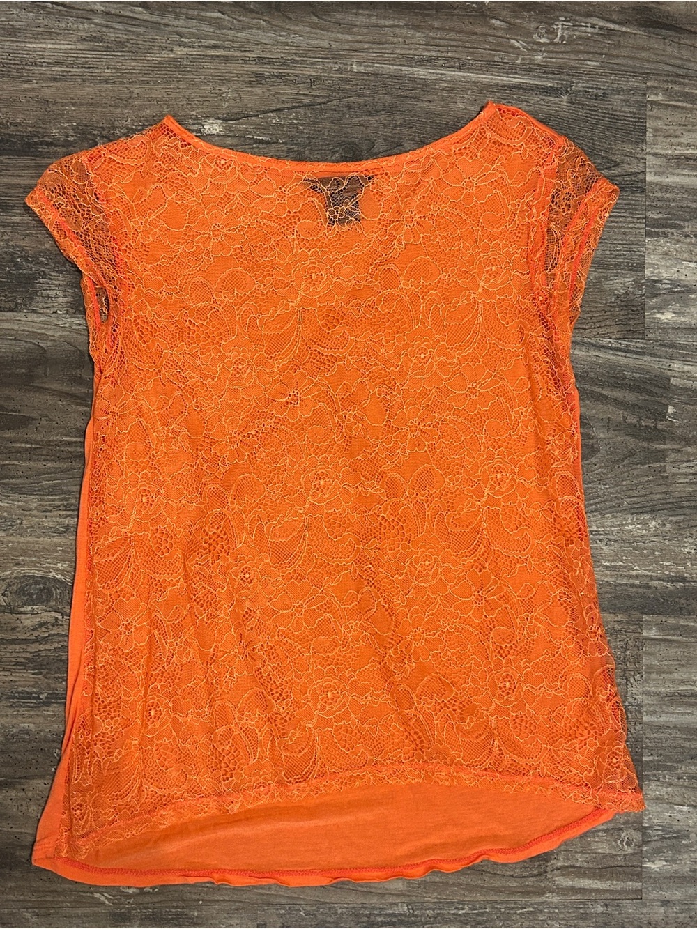 Moda International XS Orange Floral Lace Sheer Front Top